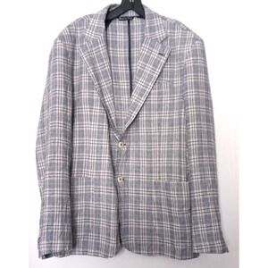 LUIGI FUSARO  linen blend  blue plaid blazer jacket ITALY 56 US 44 Sport Coat